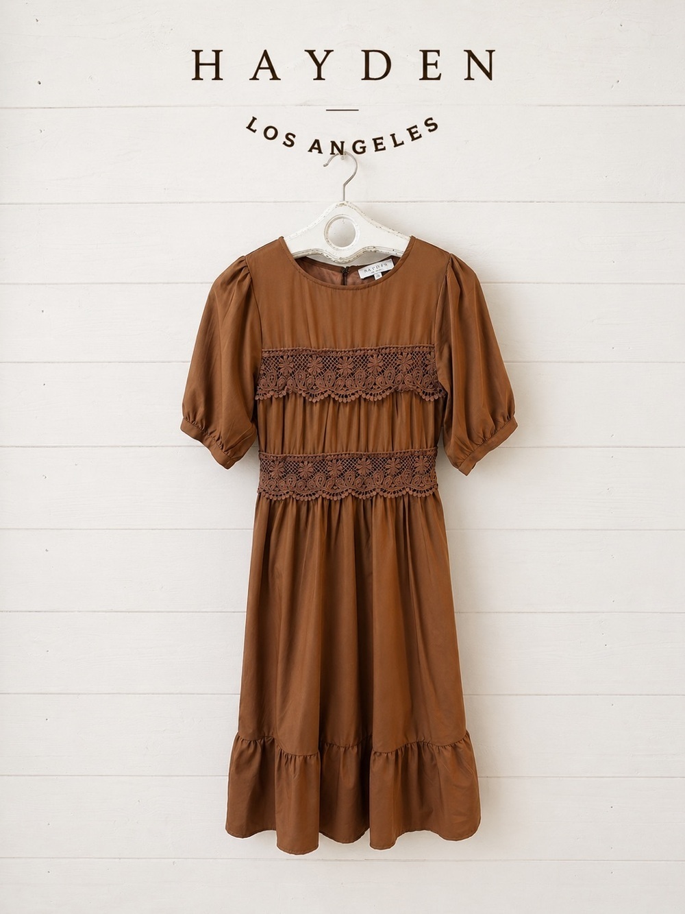 HAYDEN Brown Lace Detail Midi Dress size S